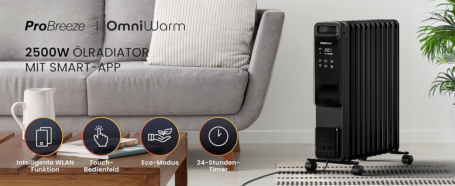 Розумний масляний радіатор Pro Breeze 2500W з 11 секціями - електричний, з Wi-Fi, таймером та термостатом