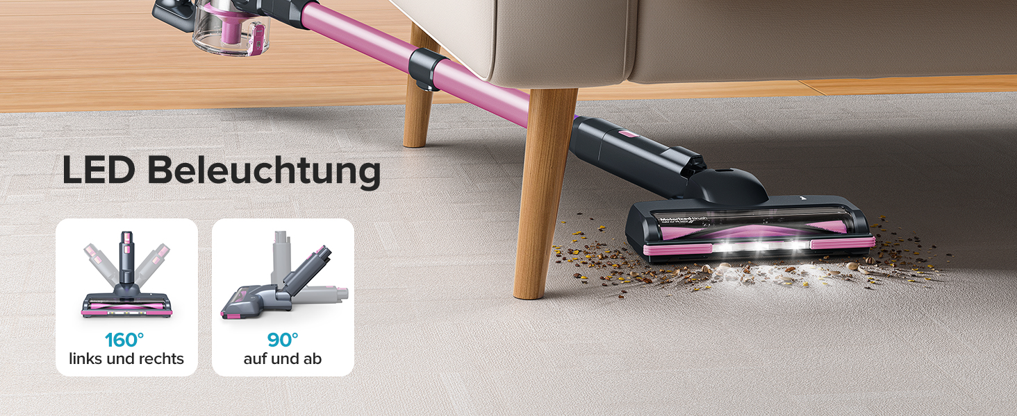 Бездротовий акумуляторний пилосос Lubluelu з LED-щіткою, HEPA-фільтром та потужністю 220W (25kPa). Час роботи до 50 хвилин. Підходить для твердих поверхонь, шерсті тварин та килимів. Колір: рожевий