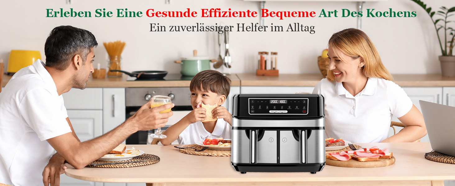 Фритюрниця повітряна з 2 камерами на 9 літрів | Air Fryer з двома відсіками по 4,5 л, 2600 Вт, 8-в-1, сенсорне керування, функція Smart Finish, незалежний контроль температури та часу (срібна)