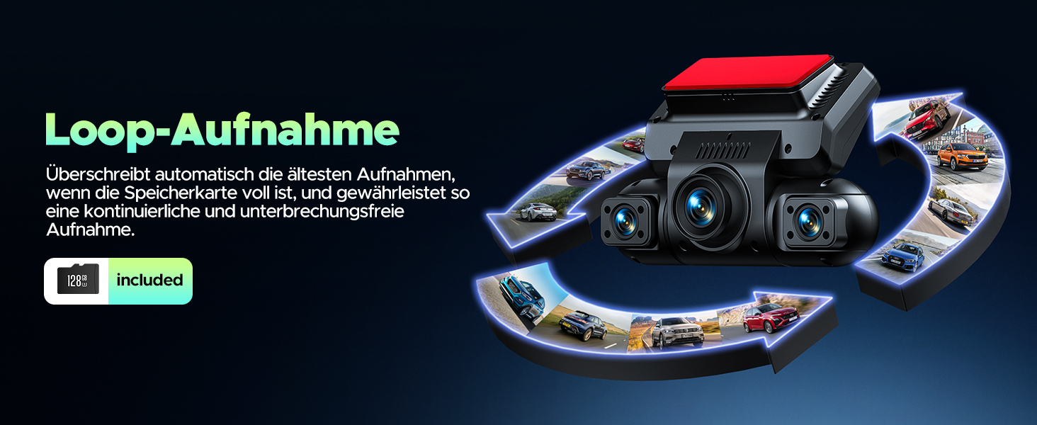 Відеореєстратор LAMTTO 360° з 4 камерами: передня, задня, внутрішня + паркувальний монітор. 5G WiFi, APP-керування, IR нічне бачення, комплект для підключення до акумулятора, SD-карта 128GB.