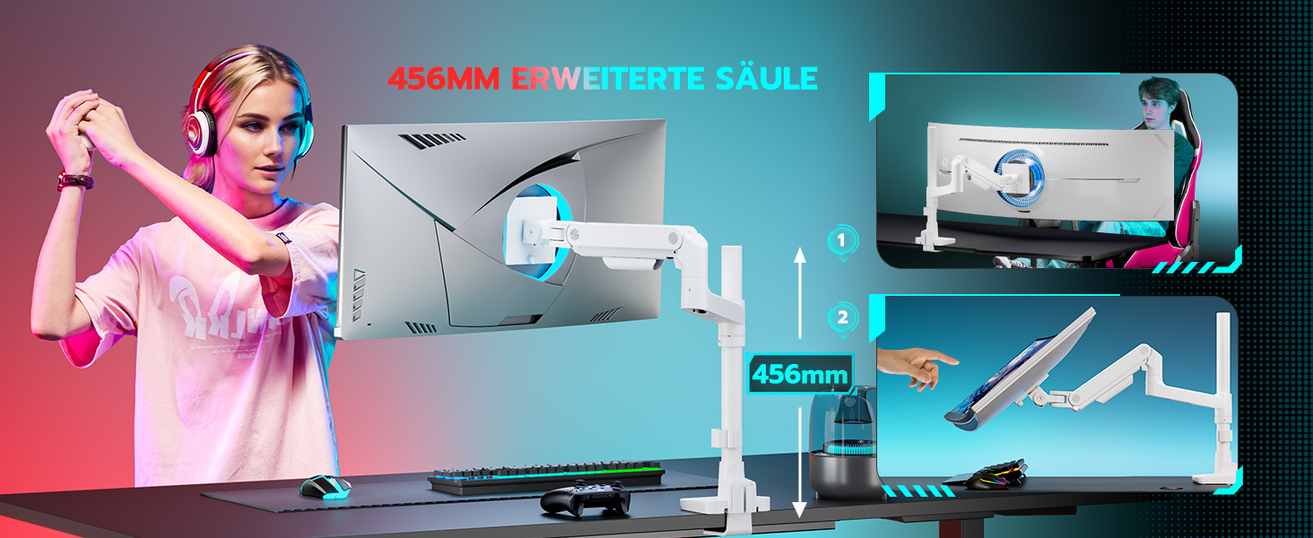 Кронштейн для монітора ARES WING з газліфтом для екранів 17-49 дюймів, білий, навантаження до 20 кг, VESA 75/100
