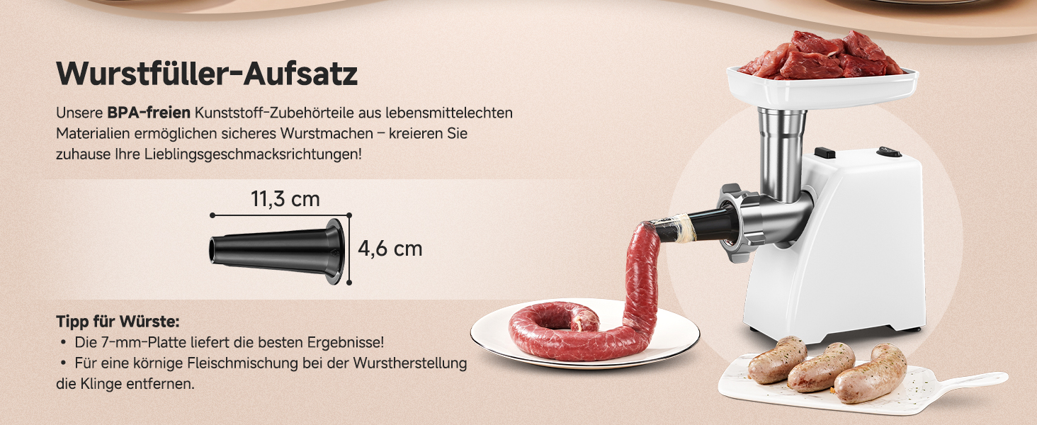 М'ясорубка електрична AMZCHEF для дому з 3 насадками, пристроєм для ковбас та набором для куббе | Ідеально для фаршу, ковбасок та домашньої кухні (біла)