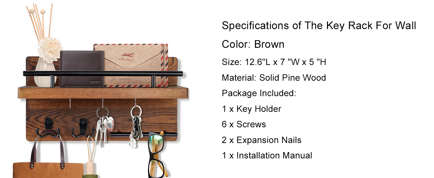 Настінна вішалка для ключів на 5 гачків, дерев'яна дошка для ключів з полицею, настінний органайзер для ключів, рустикальна вішалка для ключів, органайзер для ключів, декор для дому (колір: коричневий)