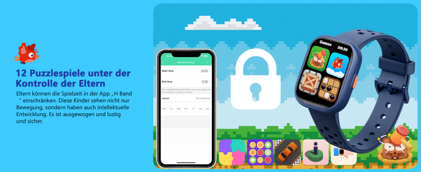 Дитячий розумний годинник Kinder Smartwatch для дівчаток та хлопчиків, водонепроникний (IP68), фітнес-трекер з пульсометром, монітором сну, іграми-пазлами та додатком, подарунок для підлітків 6+ (блакитний)