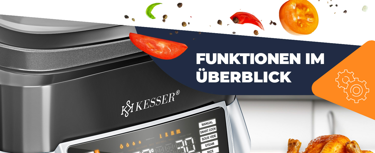 Мультиварка KESSER® 8л з фритюрницею та 16 програм: приготування на грилі, випічка, тушкування, варіння на пару, функція підігріву та швидкої приготування, рисоварка, йогуртниця, чорний