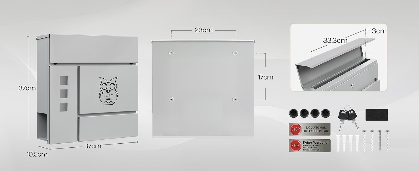 Поштовий ящик WOLTU XXL з газетницею, оглядовим вікном, замком (2 ключі), захистом від реклами, антрацит (сірий+чорний) 10,5x37x37 см