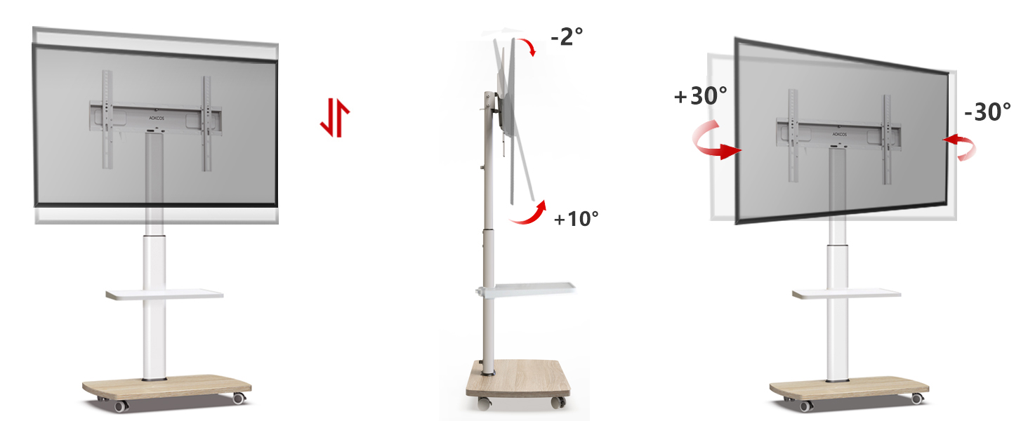 AOKCOS Rolling TV Stand with Wood Shelf - Adjustable Height & Swivel - Fits 32-65 Inch TVs - Up to 40kg, VESA 400x400mm
