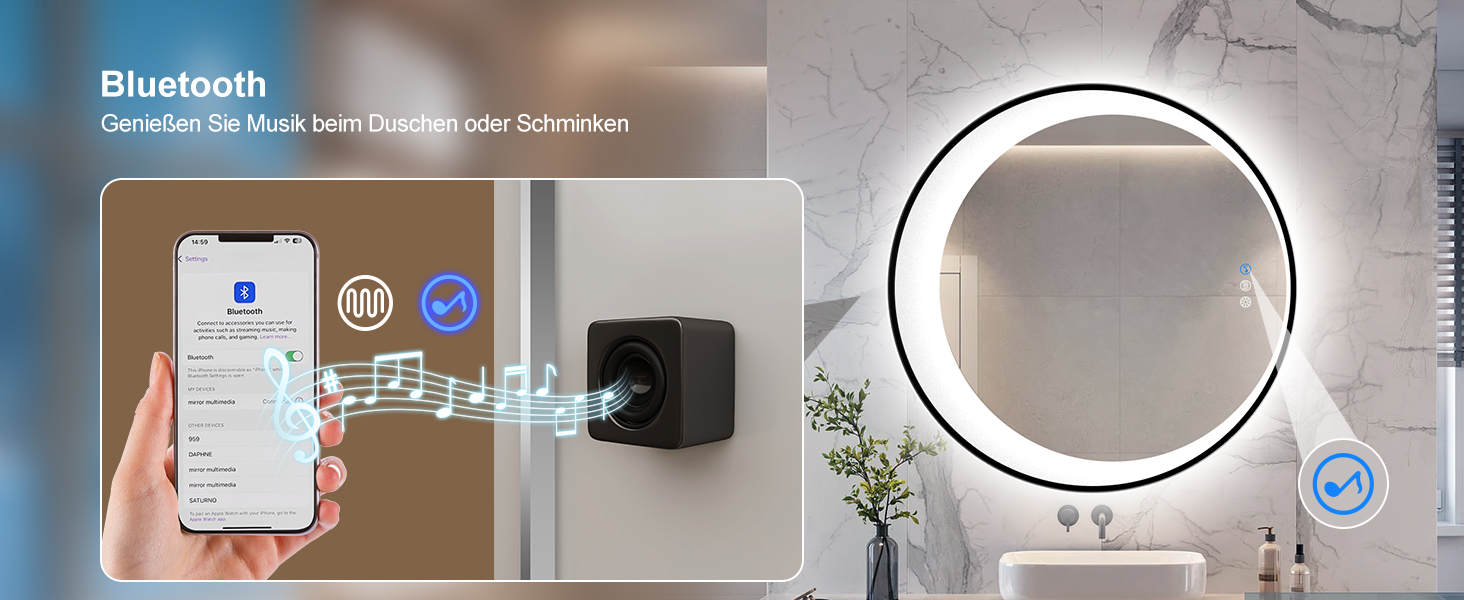 Дзеркало для ванної кімнати STARLEAD з LED-підсвічуванням 90x60 см, Bluetooth, регулювання яскравості, 3 кольори світла, протитуманне покриття, функція пам'яті, HD скло, IP44, горизонтальне/вертикальне, без рамки