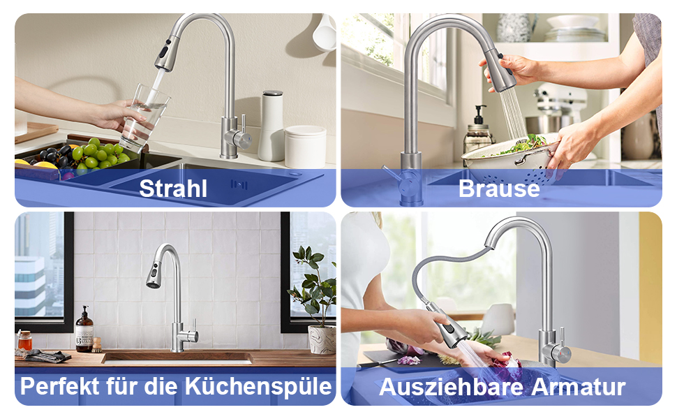 Крановий змішувач для кухні з висувною лійкою, високий поворотний кран з одним важелем, нержавіюча сталева кухонна мийка з шлангами