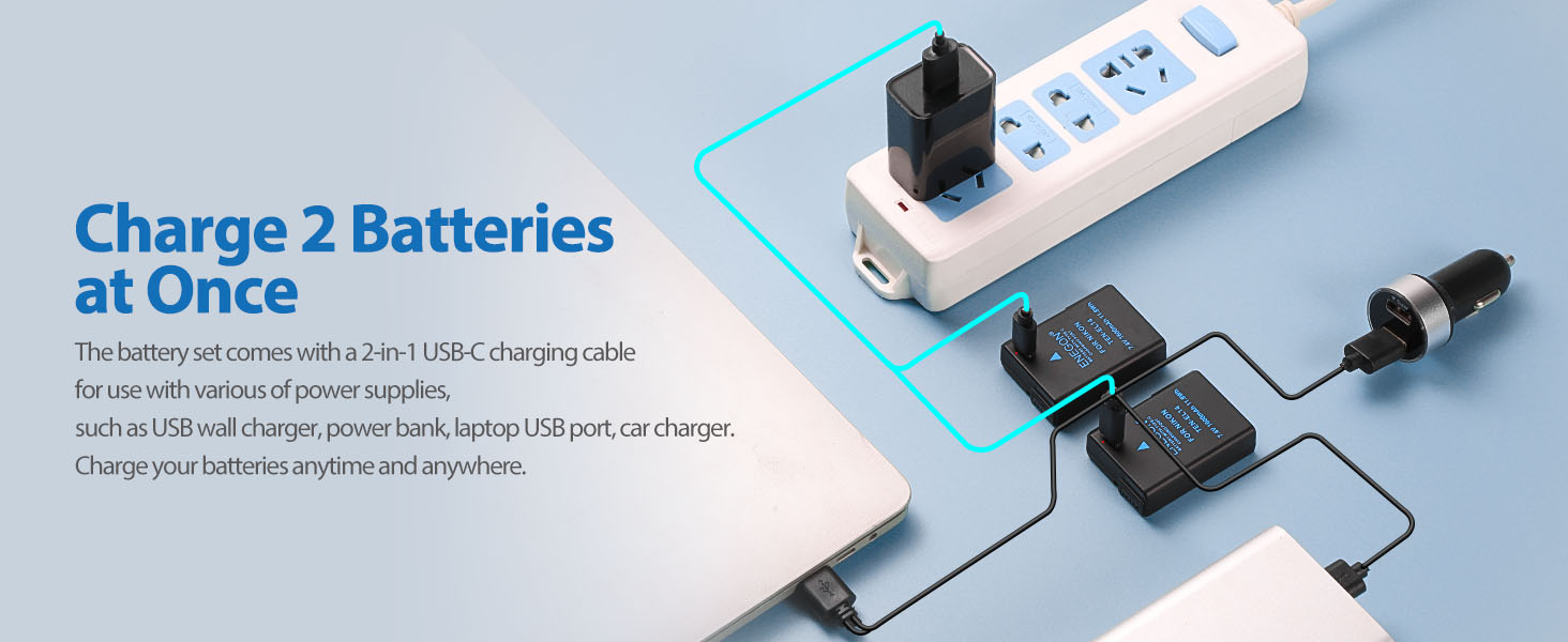 Зарядний пристрій ENEGON EN-EL14 20W з подвійним акумулятором, швидка зарядка, сумісний з Nikon D3100, D3200, D3300, D3400, D3500, D5100, D5200, D5300, D5500, D5600, Coolpix P7000, P7100, DF, LCD-дисплей, 2 USB-C для прямої зарядки камер