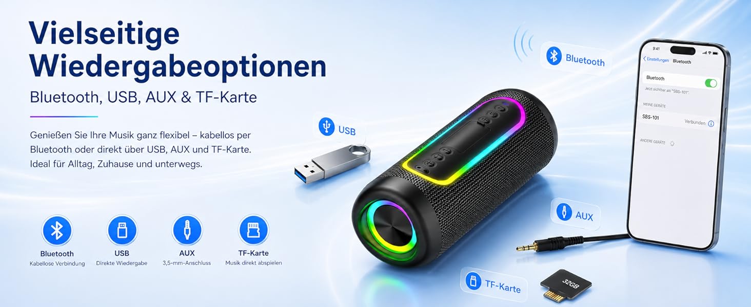 Портативна Bluetooth колонка UOHHBOE 30W, чорна: музика до 30 годин, RGB підсвічування, IPX5 водонепроникність