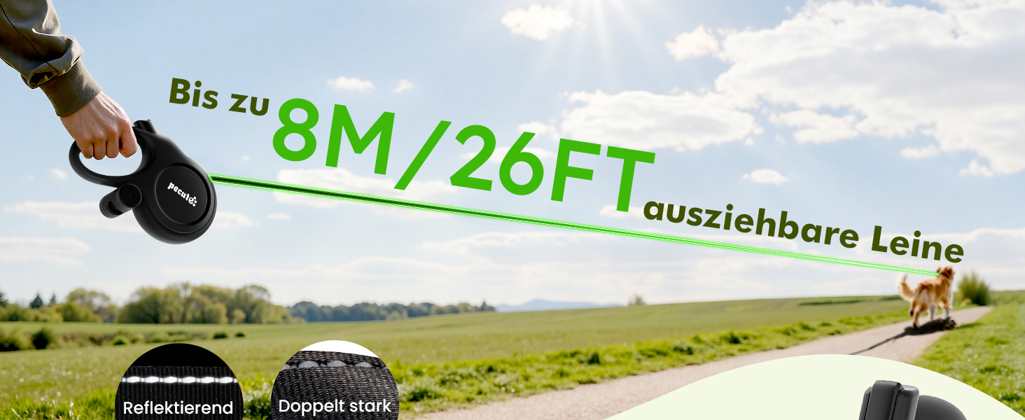 Рулетка для собак Pecute 8м, бісостійка, з набором для збору відходів, 360° антизаплутування, для собак середніх та великих (15-50кг), зелена