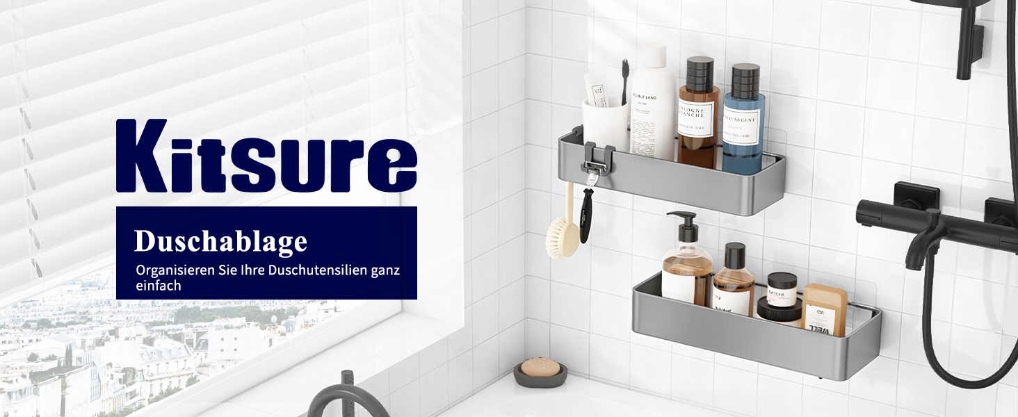 Поличка для ванної кімнати Kitsure без свердління, органайзер для душу великого розміру, сріблястий (набір 2 шт, XL)