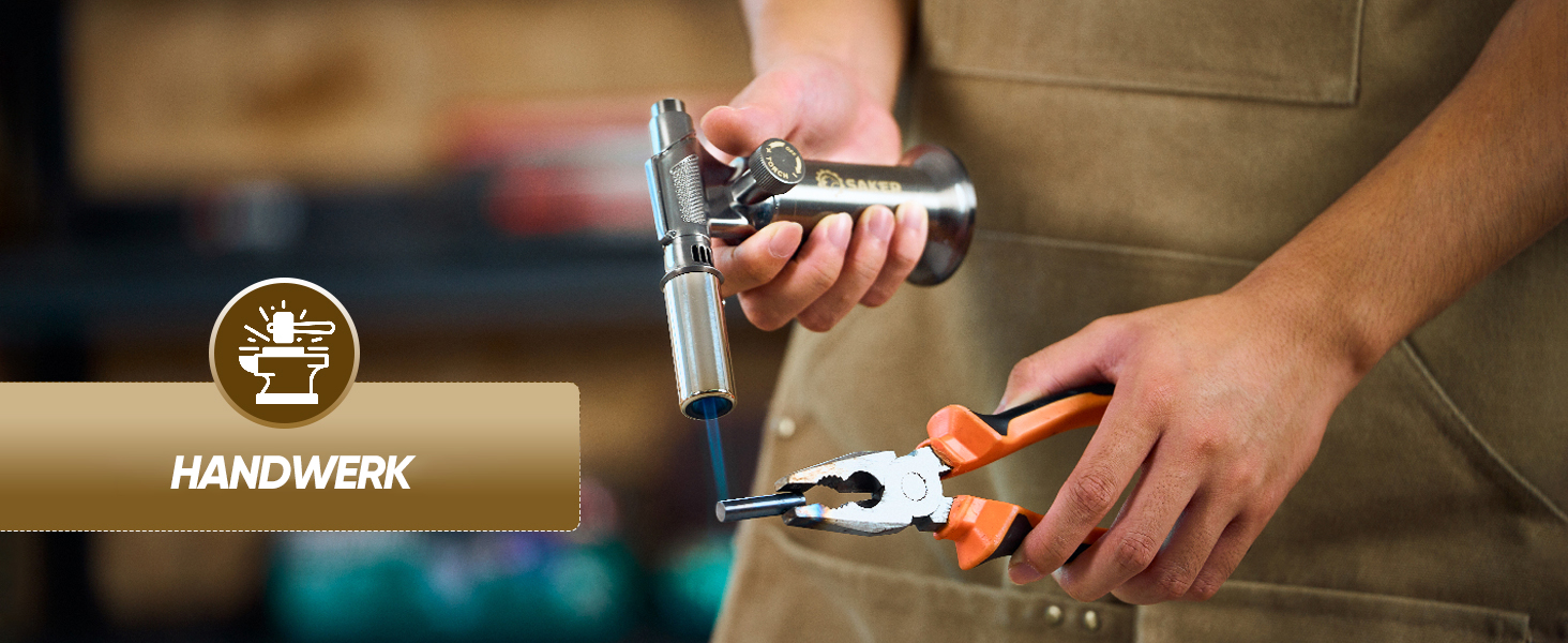 Професійний газовий пальник-фламбе SAKER для кулінарних страв та DIY: бутановий пальник з п'єзорозпалом для крем-брюле, паяння та рукодія, сріблястий