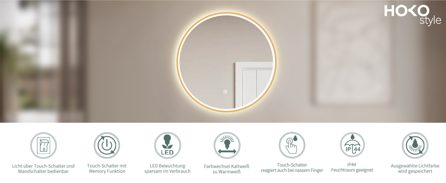 Дзеркало для ванної кімнати HOKO ULM 60 см з підсвічуванням LED, нагрівом проти запотівання та сенсорним вимикачем. Колір: золото. Розміри: 80x80 см