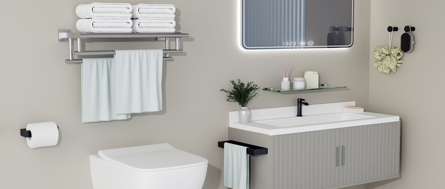 Тримач для рушників SAYAYO без свердління, 30 см, чорний, нержавіюча сталь, самоклеючий, для ванної кімнати та кухні