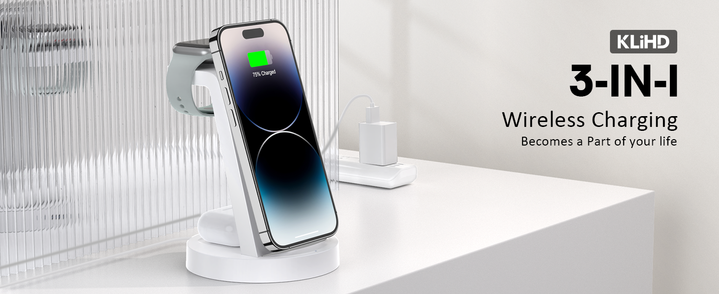 Зарядний станція 3 в 1 для iPhone з бездротовою зарядкою - сумісна з iPhone 16, 15, 14, 13, 12, 11, X, Pro, Max та Apple Watch, AirPods. 18W адаптер в комплекті.
