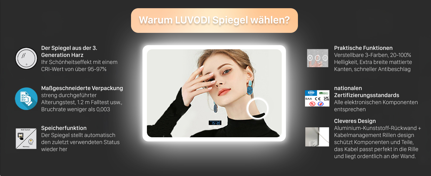 Дзеркало для ванної кімнати LUVODI з підсвічуванням 100x70 см: годинник, температура, дата, проти запотівання, регулювання яскравості, 3 кольори світла, функція пам'яті, LED, водонепроникність, збільшення 3x, Bluetooth