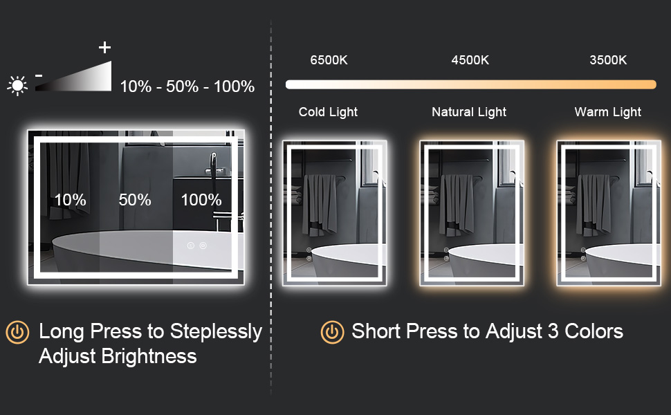 Дзеркало для ванної кімнати зі підсвічуванням 70x50 см, антизапар, сенсорне керування, 3 кольори світла, регулювання яскравості