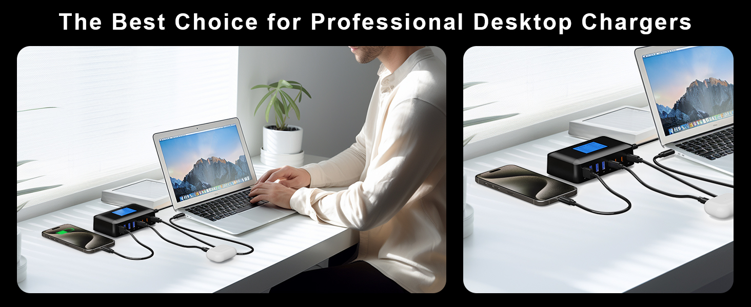 Зарядний пристрій RENGOGA 200W USB-C GaN 8 портів з LED дисплеєм для MacBook, iPad, iPhone, Samsung Galaxy - чорний