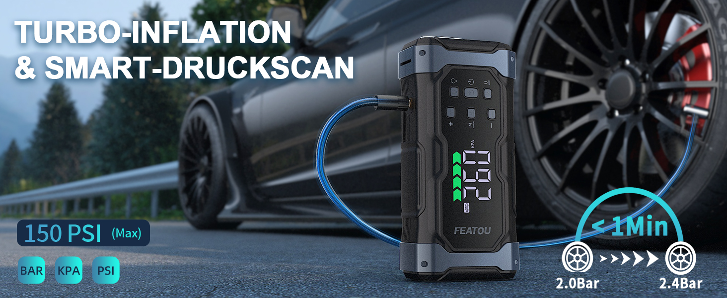 Powerbank для автомобіля Starthilfe 7000A з компресором 150PSI, 12V, до 10L дизеля, QC3.0, LCD, ліхтарик