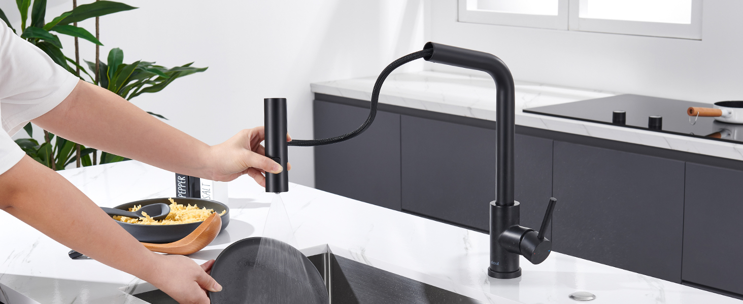 Чорний кухонний змішувач з висувною лійкою, водоспад, високий тиск, 3 режими, поворотний на 360°, з нержавіючої сталі, матовий, для кухні