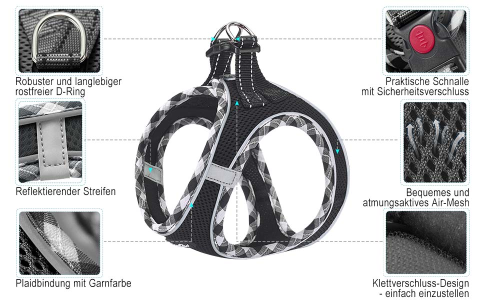 Нашийник та поводок для собак Haapaw, без натягу, регульований, світловідбиваючий, Step-in, для цуценят, з м'якою підкладкою, для собак маленьких та середніх порід, блакитний (чорний, M (обхват грудей 38.1-45.7 см, вага 4.5-6.8 кг))