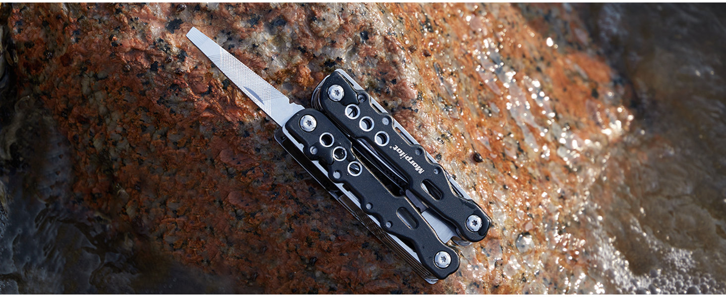 Morpilot Мультитул 25 в 1: багатофункціональний інструмент з нержавіючої сталі, 11 біт для шуруповерта, пліер, відкривачка для пляшок, карабін, з чохлом для кріплення до ременя