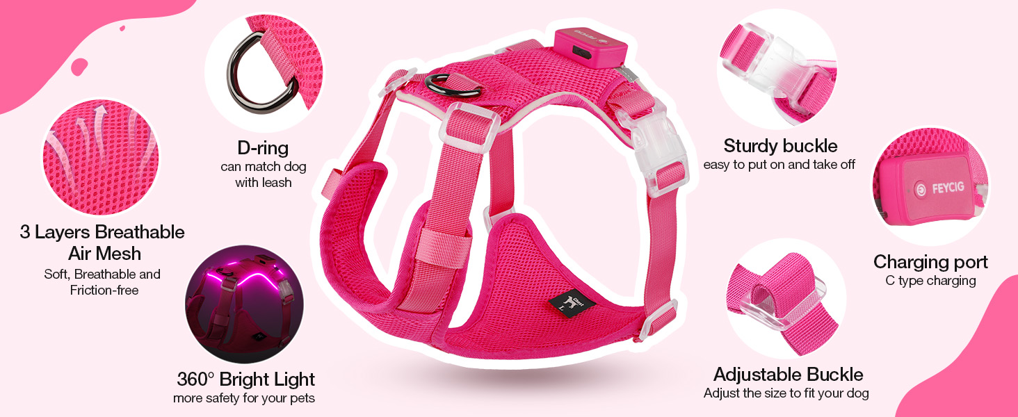 Світловідбиваючий нашийник для собак великих порід з LED-підсвічуванням, акумуляторний, регульований, 3 режими освітлення, висока видимість (Рожевий, Large)