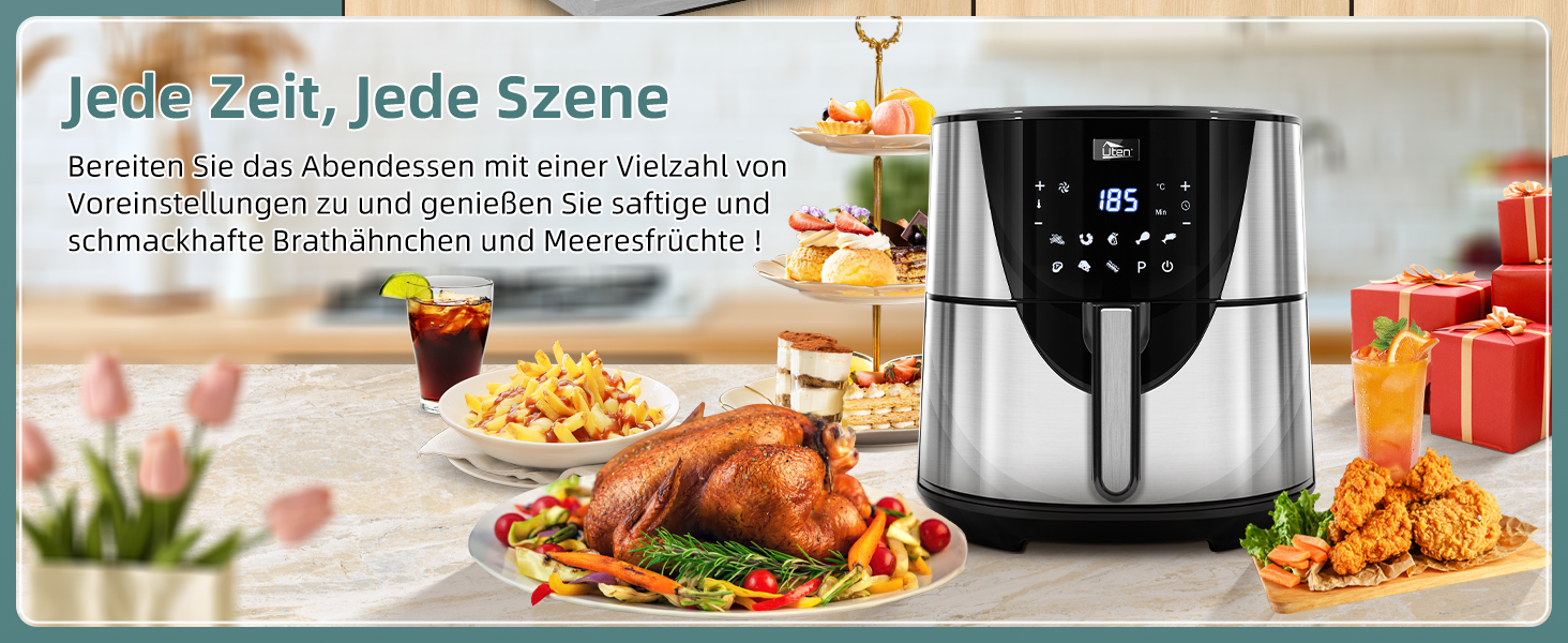 Електрична фритюрниця Uten 5.5L XXL з гарячим повітрям, 1700W, таймер, антипригарне покриття, для 2-8 осіб, чорна