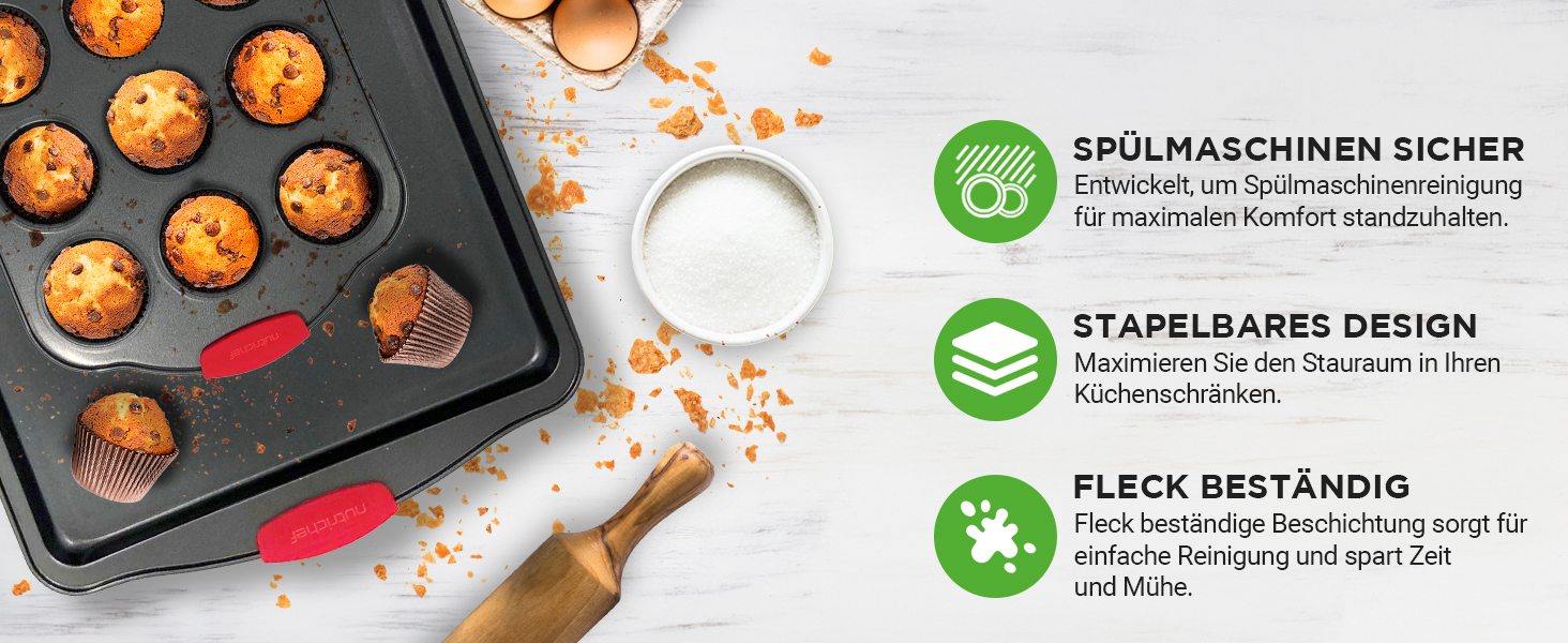 Набір форм для випічки NutriChef 8 шт. з антипригарним покриттям, включає: кексова форма, форма для піци, роз'ємна форма та інше. Підходить для духовки, миється в посудомийній машині, можна складати. Без PFOA, PFOS та PTFE.