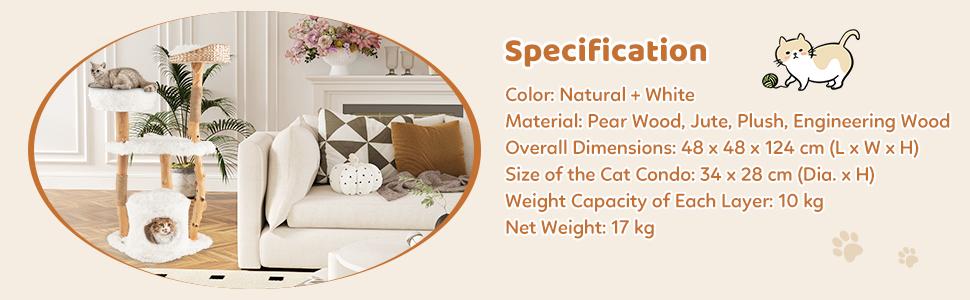 Дерев'яна кігтеточка SOARS для котів з 3 природними стовбурами, ліжком та плюшевими поверхнями, з іграшковим м'ячиком та джутовим мотузком, багатоповерхова, біла (124 см)