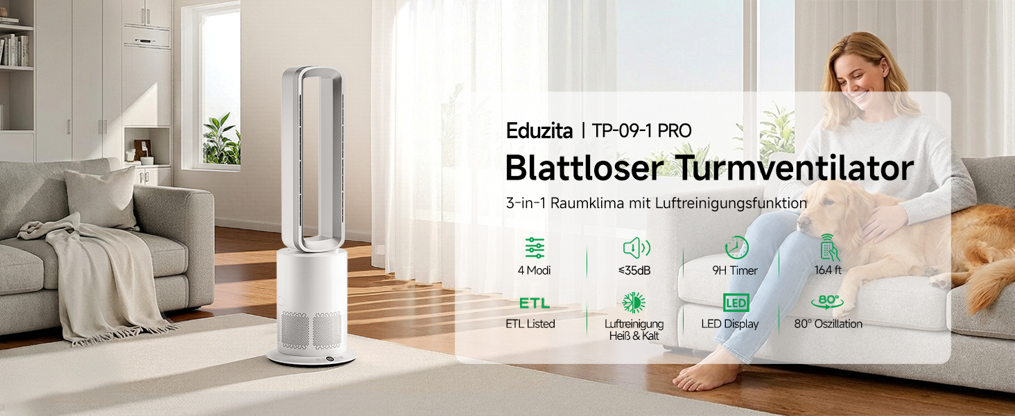 Безлопатевий вентилятор-нагрівач TP18Pro 2-в-1: 10 режимів охолодження, 3 - обігріву, пульт та сенсорне керування, тихий DC-двигун