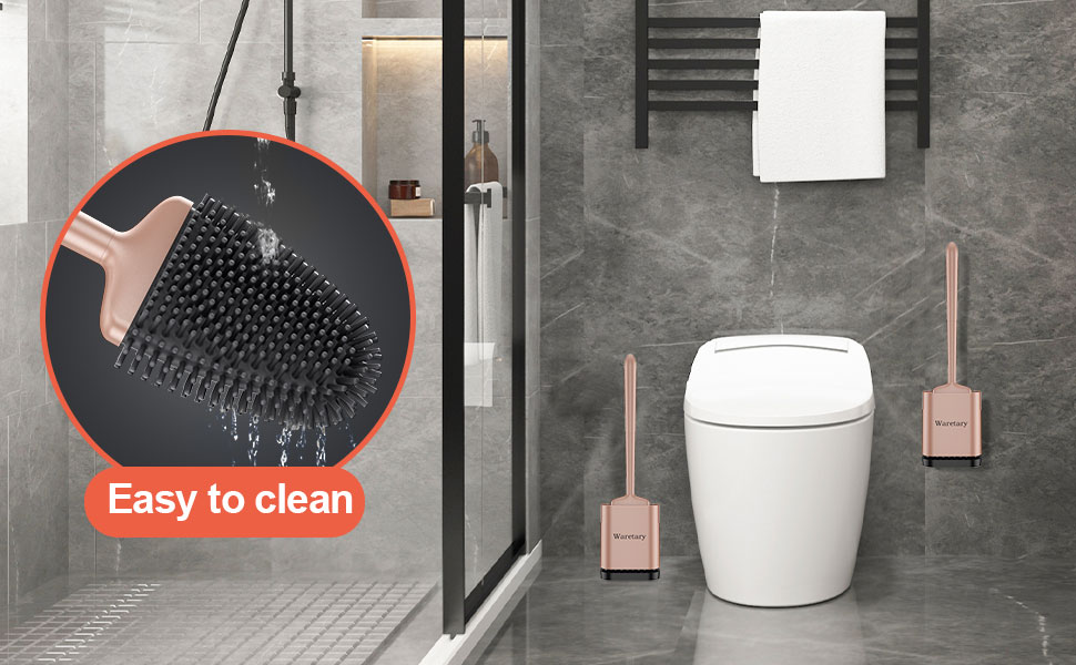 Набір для чищення унітазу Waretary з силіконовою щіткою та підставкою з нержавіючої сталі, гнучкий наконечник для глибокого очищення, швидковисихаючий, для кріплення на стіні та встановлення на підлогу, золотий