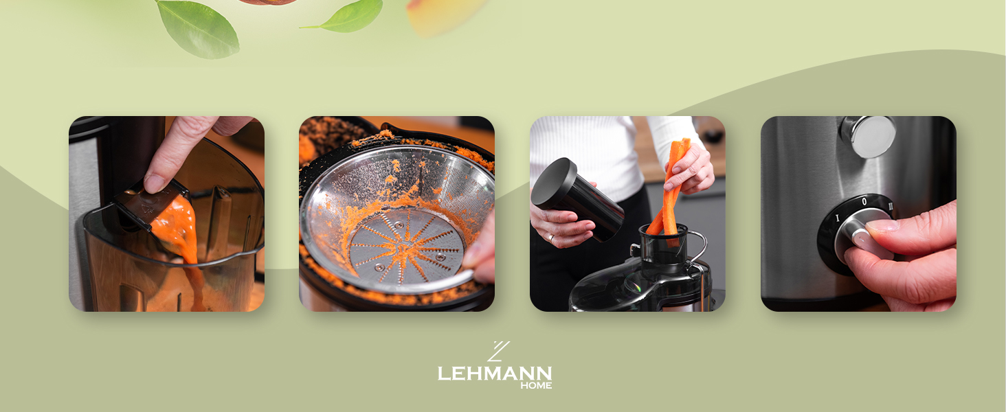 Центрифужна соковижималка LEHMANN для овочів та фруктів, електрична соковижималка з нержавіючої сталі, 2 швидкості, завантажувальний отвір 75 мм, BPA-free, об'єм 450 мл