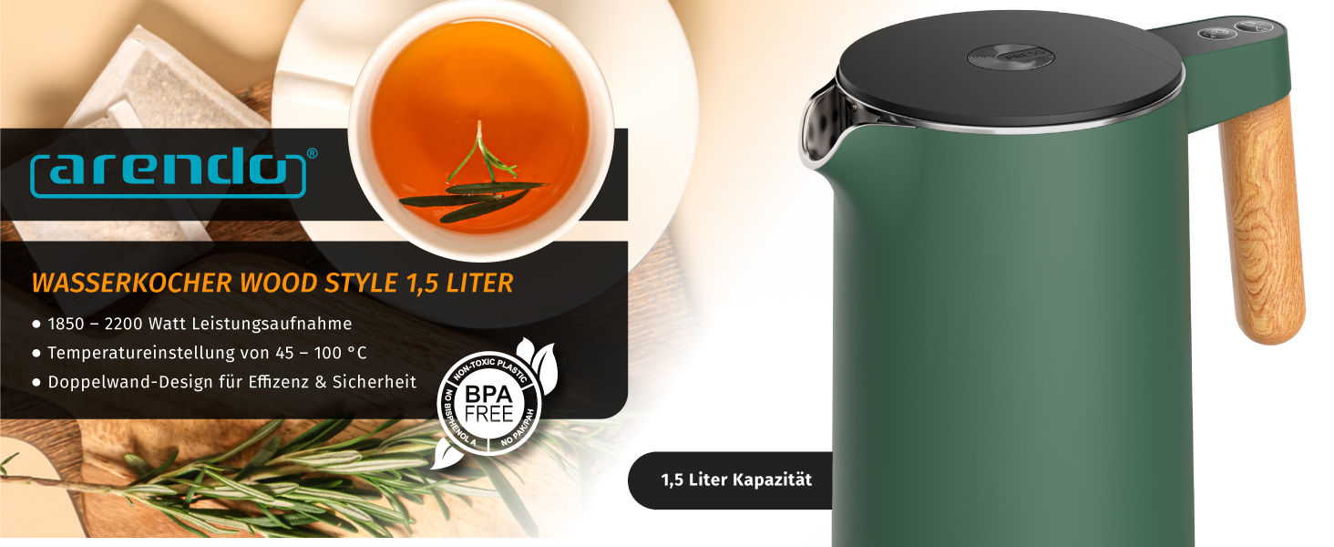 Електричний чайник Arendo з регулюванням температури (45°C-100°C), 1.5 л, з подвійними стінками, без BPA, з функцією підтримання тепла, зелений