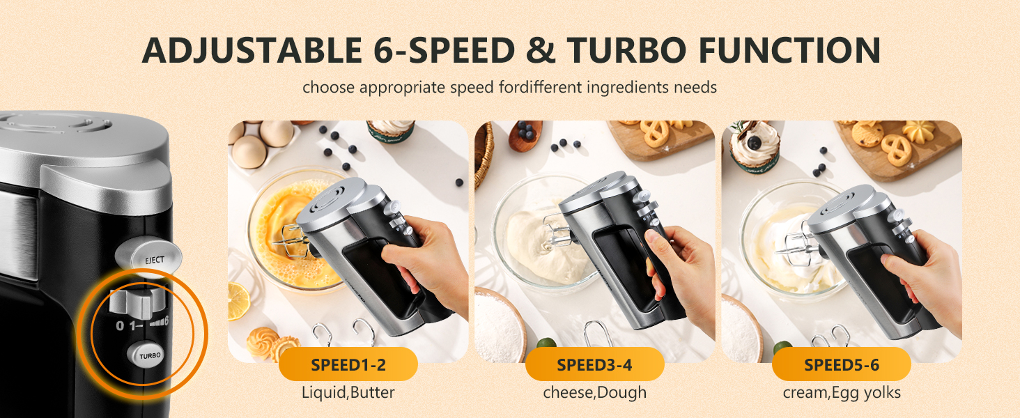 Електричний міксер VINATO 300W з 6 швидкостями, 2 насадки (венчик та гак) | Для тіста, яєць, збивання вершків, випічки | Потужний, захист від перегріву (чорний)