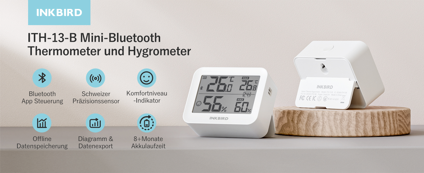 Цифровий термометр-гігрометр Inkbird ITH-13-B, Bluetooth, 2 шт, високоточний з вимірюванням температури та вологості, керування через додаток