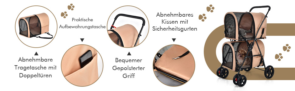 COSTWAY 2-ярусна візок для собак та котів, до 16 кг, з сітковими віконцями, тримачем для напоїв та зчіпкою, блакитний