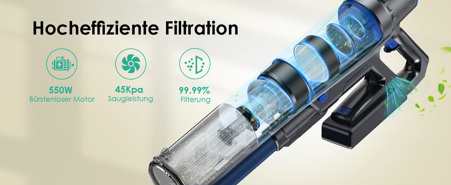 Бездротовий акумуляторний пилосос з функцією миття підлоги, 45000 Па/550 Вт/60 хв, безщітковий двигун, LED-дисплей, самостійна парковка, для твердих поверхонь, килимів та шерсті тварин, блакитний