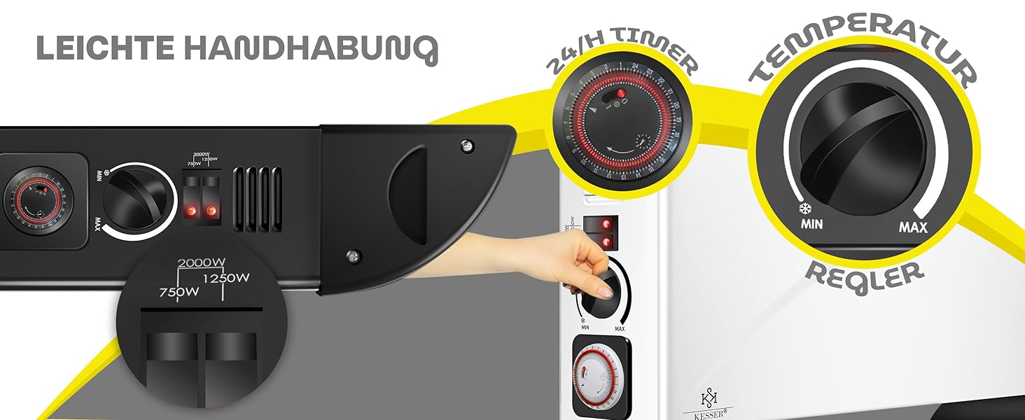 Конвектор KESSER 2000 Вт з таймером 24 год, захистом від замерзання, терморегулятором, турбо-нагрівом, 3 режими, чорний