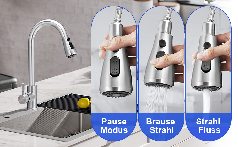 Крановий змішувач для кухні з висувною лійкою, високий поворотний кран з одним важелем, нержавіюча сталева кухонна мийка з шлангами