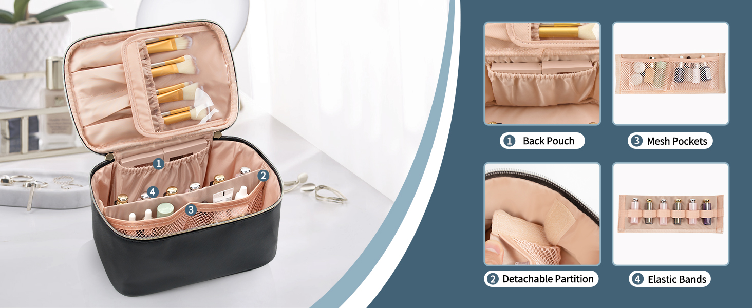 Косметичка для жінок, велика сумка для макіяжу, дорожня косметичка-вояж, косметична сумка для подорожей з ручкою та роздільниками, чорна