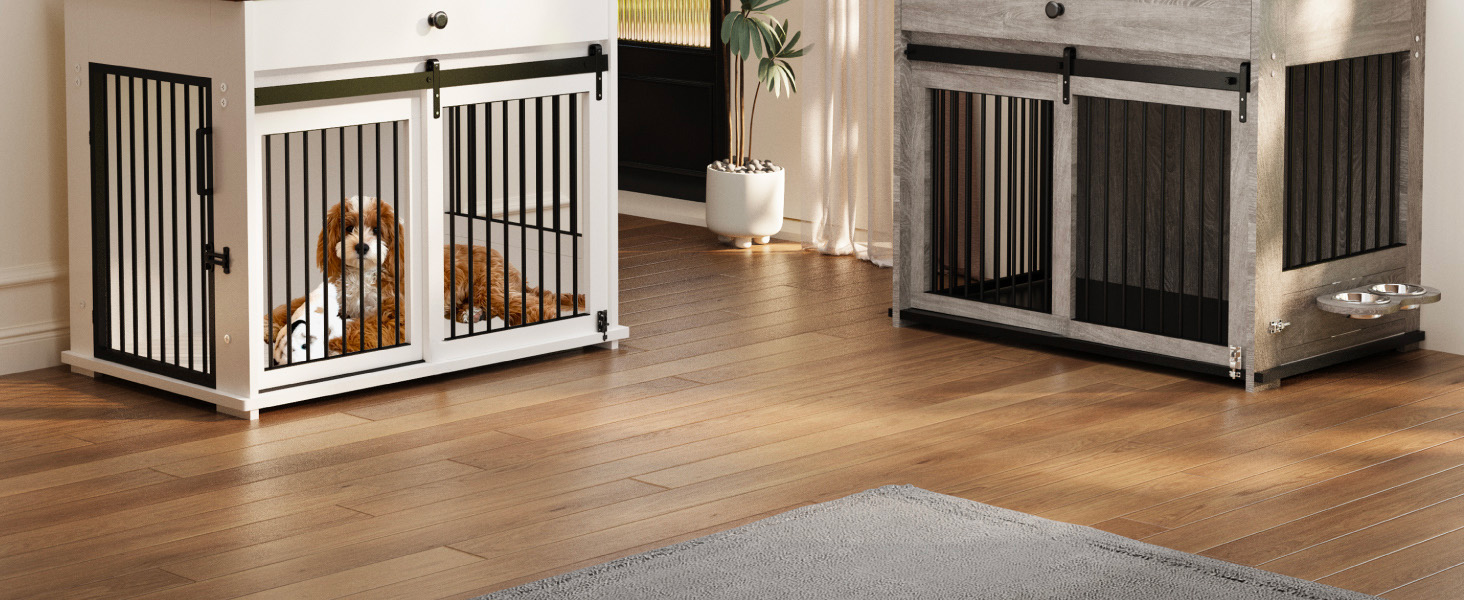 Кішка/песик: Дерев'яна будка для великих собак з ящиком, поворотна миска, сіра