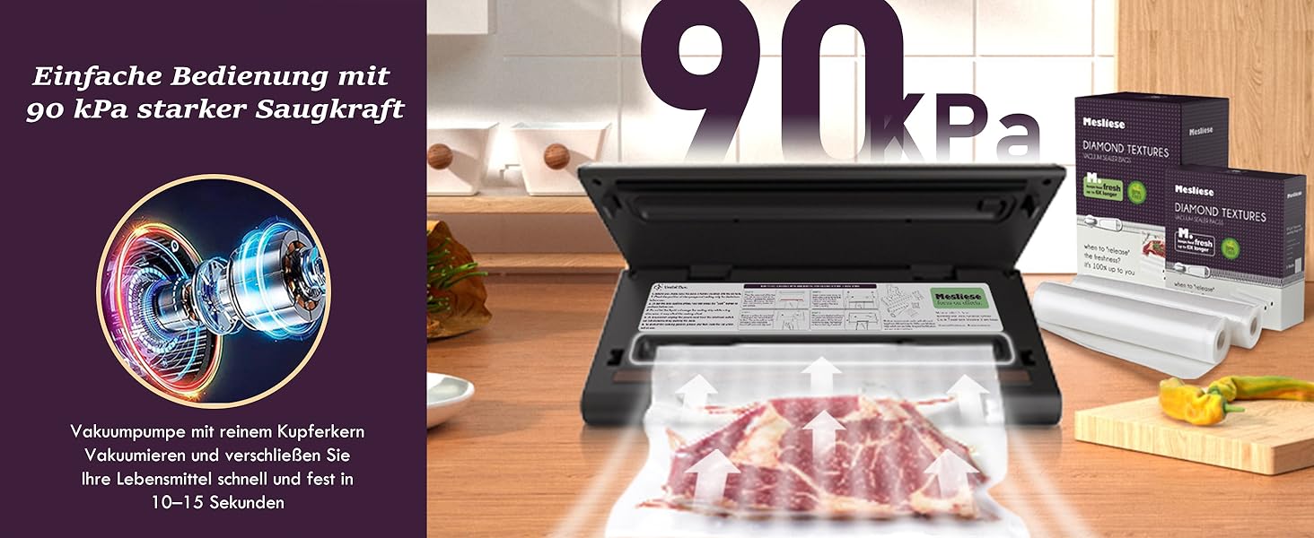 Вакуумний пакувальник Mesliese 90kPa 6-в-1: Компактний пристрій для зберігання продуктів з вбудованим різаком, 2 рулони та 5 пакетів, для сухого та вологого режиму, срібний