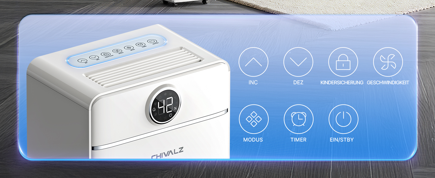 Електричний осушувач повітря CHIVALZ для автомобіля та приміщень до 30 м²/120 м³, 3 режими роботи, таймер 24 год, автоматичне розморожування, енергозбереження, білий