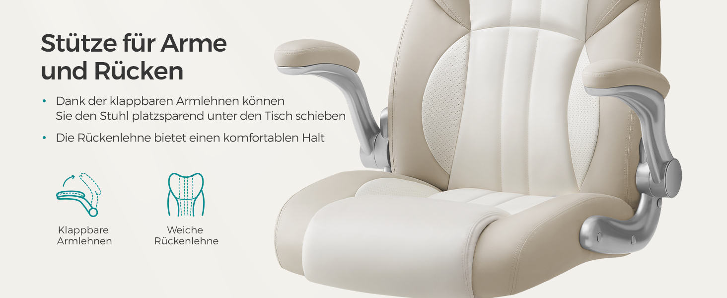 Крісло офісне SONGMICS, ігрове, регульована спинка, гойдалка, USB, підлокітники, ролики, регульована висота, OBG65BK (Крем-білий)