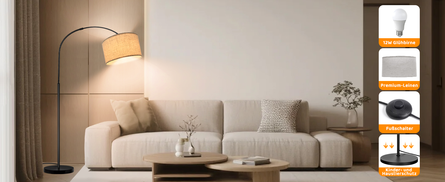 Стійка лампа для вітальні з 3 режимами кольору, 12W, LED, з абажуром з льону, вимикач на ніжці, диммер. Підходить для спальні, читання, офісу та інших приміщень.