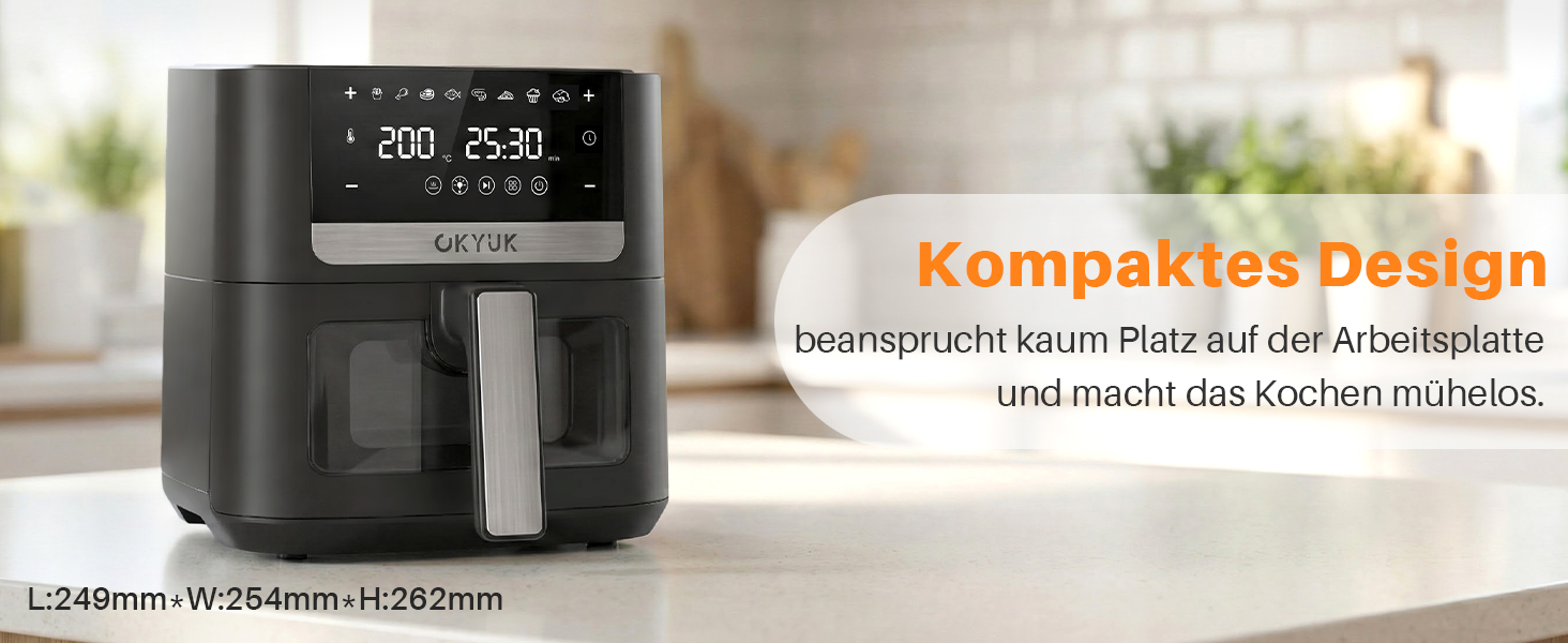Аерофритюрниця OKYUK 6л XL 1200W з металевим внутрішнім резервуаром: безмасляна фритюрниця з 8 програмами, LED-дисплеєм, таймером