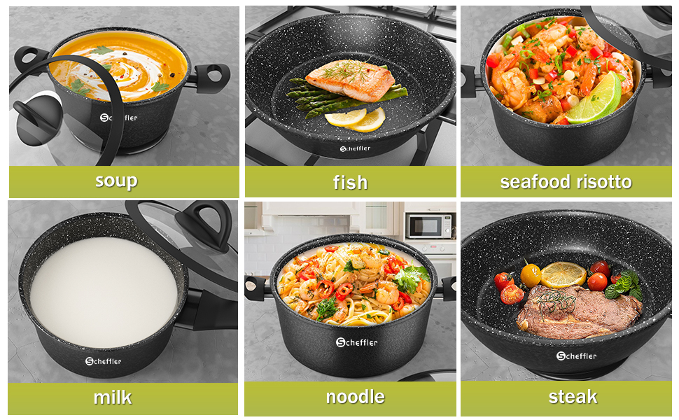 Набір каструль та сковорідок Scheffler 15tlg з антипригарним покриттям для індукційних плит, чорний (HL-21PS102)